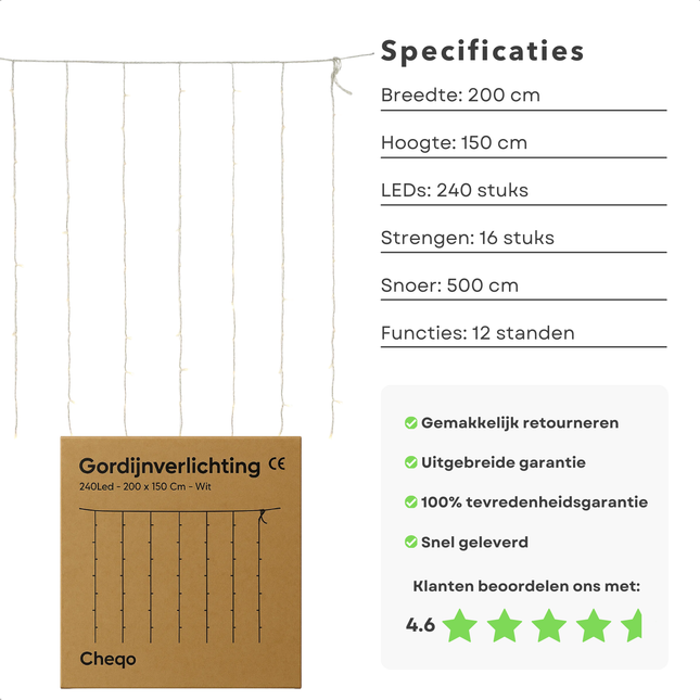 Cheqo® LED Gordijnverlichting - 240 LED Lampjes - 200x150 cm - Kerstverlichting - Binnen En Buiten - Transparant Snoer - IP-44 Adapter - 12 Functies Controller - Geheugenfunctie - 16 Strengen - 150 cm Lang - Wit Licht - 5 Meter Aansluitsnoer