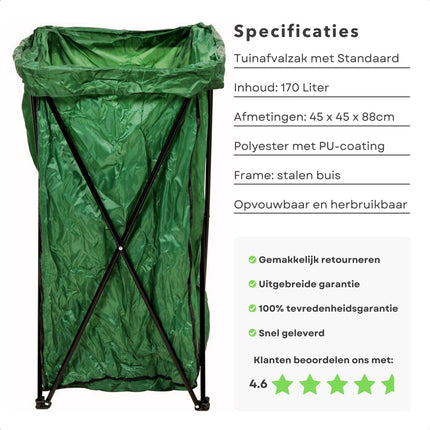 Cheqo® Herbruikbare Staande Tuinafvalzak Met Standaard - 170 Liter - Opvouwbaar - Grote Tuinafvalzak - 45 x 45 x 88 cm - Opvouwbaar - Tuinafvalzak opvouwbaar - Tuinzak - Tuinafval - Bladzakken - Groenafval zak - Waterafstotend - Voor Tuinonderhoud tuinafvalzakken