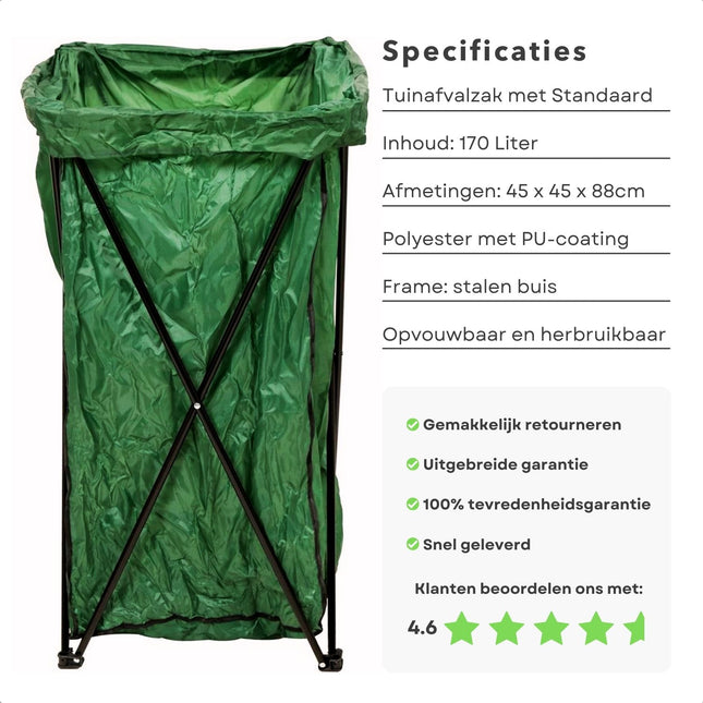 Cheqo® Herbruikbare Staande Tuinafvalzak Met Standaard - 170 Liter - Opvouwbaar - Grote Tuinafvalzak - 45 x 45 x 88 cm - Opvouwbaar - Tuinafvalzak opvouwbaar - Tuinzak - Tuinafval - Bladzakken - Groenafval zak - Waterafstotend - Voor Tuinonderhoud tuinafvalzakken