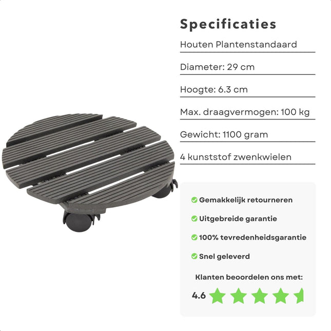 Cheqo® Sterke Plantentrolley - Ø29 cm - 100 kg Draagvermogen - Met Zwenkwielen en Rem - Plantenroller - Planten Trolley op Wieltjes - Plantenonderzetter - Kunststof - Donkergrijs - Sfeervol Design Plantentrolleys
