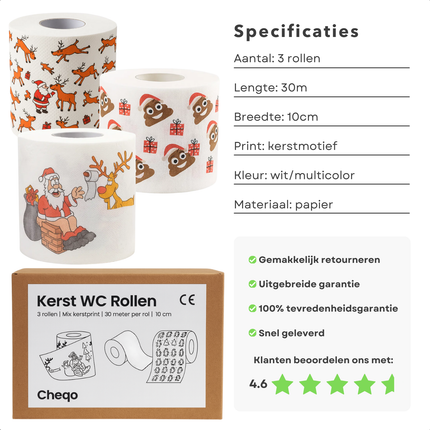 Cheqo® Kerst Toiletpapier - WC Rol Kerst - Grappige Kerst Print - 3 Rollen Toiletpapier - Feestelijk Kerstmotief - Kerstman Papier - Wegwerppapier - Badkamer Decoratie - Kerstfeest Accessoires - Grappige Papieren Rol