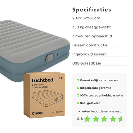 Cheqo® 2-Persoons Luchtbed 200x150cm – Opblaasmatras met Ingebouwde Pomp – Alwayzaire Technologie – Fortech Materiaal – I-Beam Constructie – Luchtbed met Kussen – Camping & Festival Logeerbed – USB-oplaadkabel – 350kg Draaggewicht