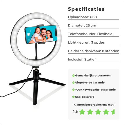 Cheqo® Selfie Ringlamp Set - 25 cm LED Ringlicht met Statief - Selfie Ringlight - Ring Light - Flexibele Telefoonhouder - USB Oplaadbaar - Verstelbaar Statief