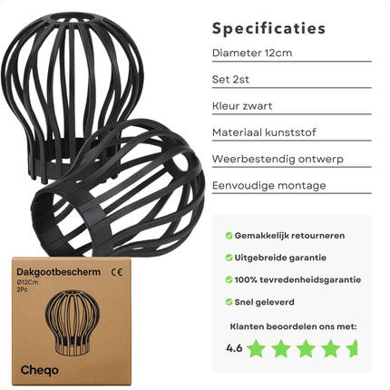 Cheqo® Dakgootbeschermer - Bladvanger - Tegen Bladeren In Dakgoot - Set Van 2 Stuks - Boldraadrooster - Bladfilter Dakgoten - Regenpijp Filter - Anti Verstopping - Eenvoudig In Gebruik - Regenpijp Beschermer - 12 cm diameter