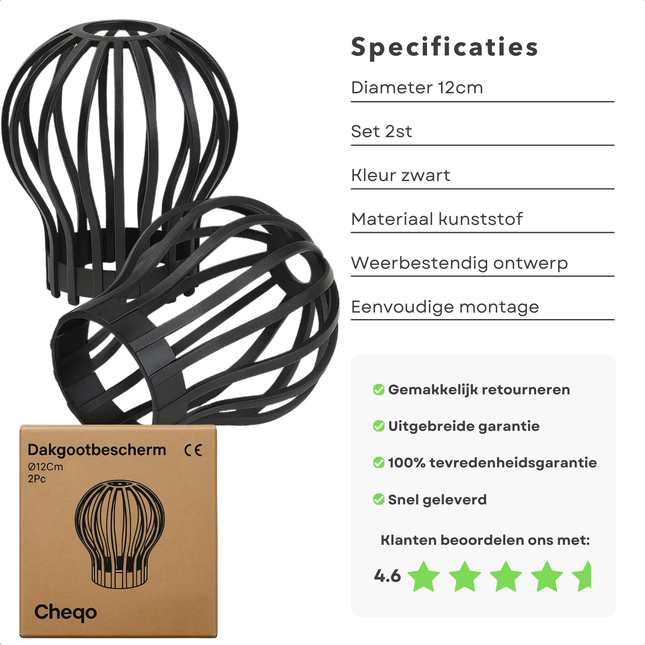 Cheqo® Dakgootbeschermer - Bladvanger - Tegen Bladeren In Dakgoot - Set Van 2 Stuks - Boldraadrooster - Bladfilter Dakgoten - Regenpijp Filter - Anti Verstopping - Eenvoudig In Gebruik - Regenpijp Beschermer - 12 cm diameter