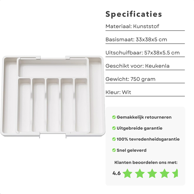 Cheqo® verstelbare bestekbak van wit kunststof met uitschuifbaar ontwerp en 8 vakken, ideaal voor georganiseerde keukenlades.
