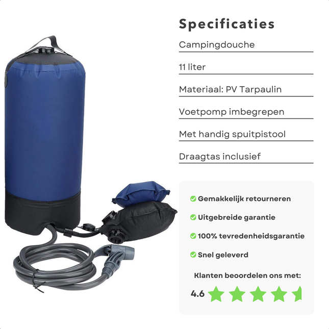 Cheqo® draagbare 11L campingdouche op zonne-energie met voetpomp en spuitpistool, inclusief draagtas en garantie specificaties.