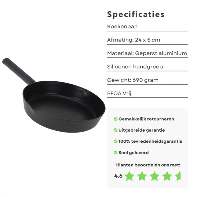 Cheqo® Luxe Koekenpan - 24cm - Anti-Aanbaklaag - Siliconen Handgreep - Geschikt voor Alle Warmtebronnen - incl. Inductie - Vaatwasmachinebestendig - Bakpan - Braadpan - Aluminium - Schenktuit - PFOA Vrij - Koekenpannen