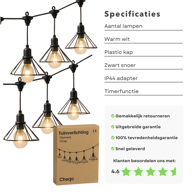 Cheqo® Tuinverlichting Lichtsnoer - Lichtslinger - Sfeerverlichting LED voor Buiten - Filament Lichtsnoer - Warm Wit - Timer - IP44 Buiten