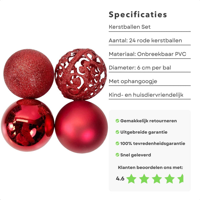 Cheqo® Luxe Kerstballenset - 24 Stuks - Rood - PVC - Onbreekbaar - Kerstboomversiering - Kerstversiering - Verschillende Formaten & Designs - Kerstboom - Kerstballenset - Kerstdecoratie - Christmas - Met Ophangoog - Mat - Glanzend - Glitters Kerstballen