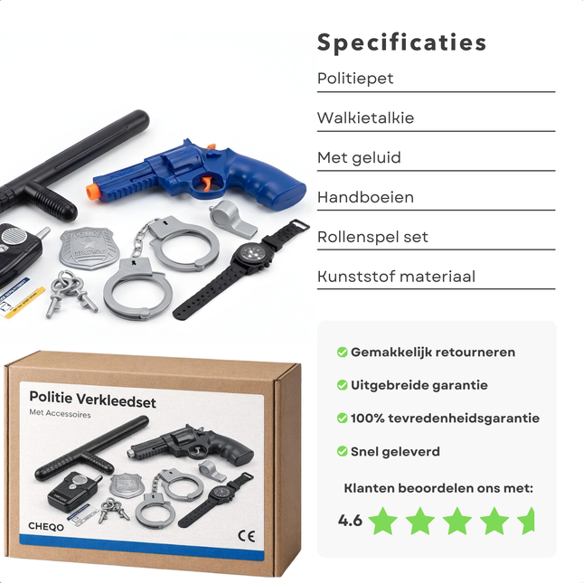 Cheqo® Politie Verkleedset - Politie Verkleed Accessoires - Politie Speelset - Politie Accessoires Set - Politiepet met Accessoires - Walkietalkie Speelgoed - Speelgoed Handboeien - Politie Set Kinderen