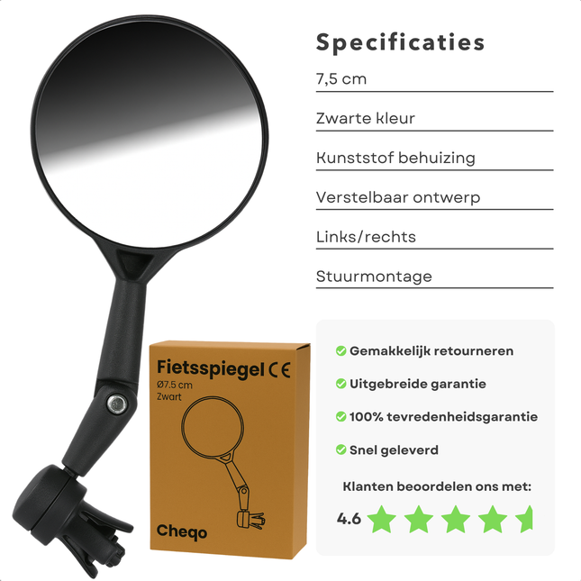 Cheqo® Fietsspiegel Zwart - Verstelbaar - Fiets Spiegel - Universeel