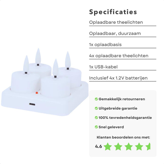 Cheqo® Duurzame LED Theelichten - Veilig Alternatief voor Waxinelichtjes - Ambianceverlichting - met USB-oplaadbare Batterijen - Theelichtjes - Theelampjes - Sfeerverlichting - Kunststof - Binnen Verlichting - Lange Levensduur - Kaarsjes led kaarsen