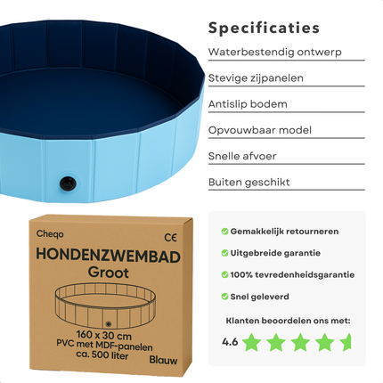 Cheqo® XXL Honden Zwembad - Hondenzwembad Opvouwbaar - Opzetzwembad Huisdier - Hondenbad - Dierenbad - Bad Voor Grote Honden - Blauw