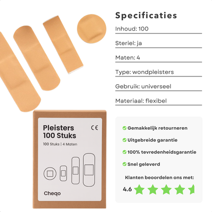Cheqo® Pleisters 100 Stuks - Wondpleisters - Pleisters 4 Maten - Pleisters Voor Wondverzorging - Pleisters Voor Dagelijks Gebruik - Pleisters Voor Kleine Wonden - Pleisters Voor Eerste Hulp - Pleisters Voor Thuisgebruik - Pleisters Voor Ehbo