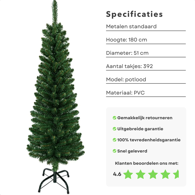 Slanke Cheqo® Kunstkerstboom 180 cm met metalen standaard, potloodmodel van hoogwaardig PVC, met 392 takjes en uitstekende klantbeoordeling.