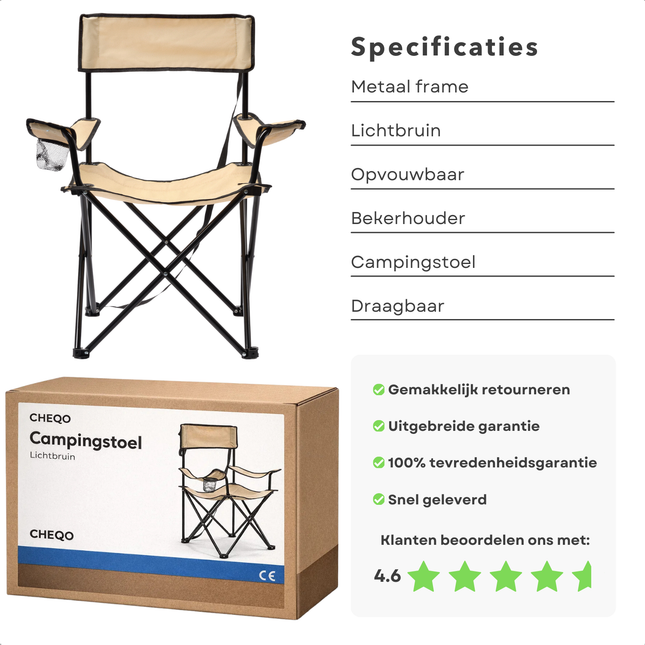Cheqo® Opvouwbare Campingstoel - Inklapbare Campingstoel - Metalen Campingstoel - Campingstoel met Bekerhouder - Campingstoel Lichtbruin