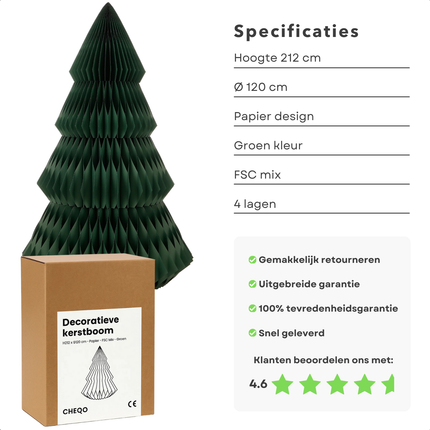 Cheqo® Papieren Kerstboom - Decoratieve Kerstboom - Groene Kerstboom - Duurzame Kerstdecoratie - Vouwbare Kerstboom - Kerstboom Design - Grote Kerstboom - Kerstboom Voor Binnen - Kerstboom