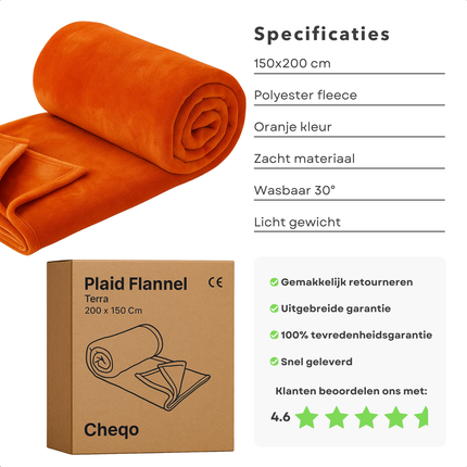Cheqo® Fleece Deken - Plaid Flannel - Terracotta Oranje - 150 x 200 cm - Comfortabele Plaid - Zachte Textuur - Hoogwaardig Polyester - Eenvoudig Schoon Te Maken - Dekentje - Duurzame Fleece - Royale Afmetingen - Warme Deken