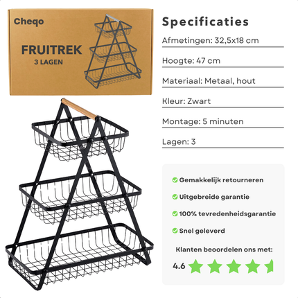 Cheqo® Fruitrek - Fruitmand - Fruitschaal - Keukenorganizer - Aanrecht Organizer - Keuken Bureau Organizers – Aardappelbak - Drie Lagen - Keukenopslag - 47 cm - Metaal en Hout