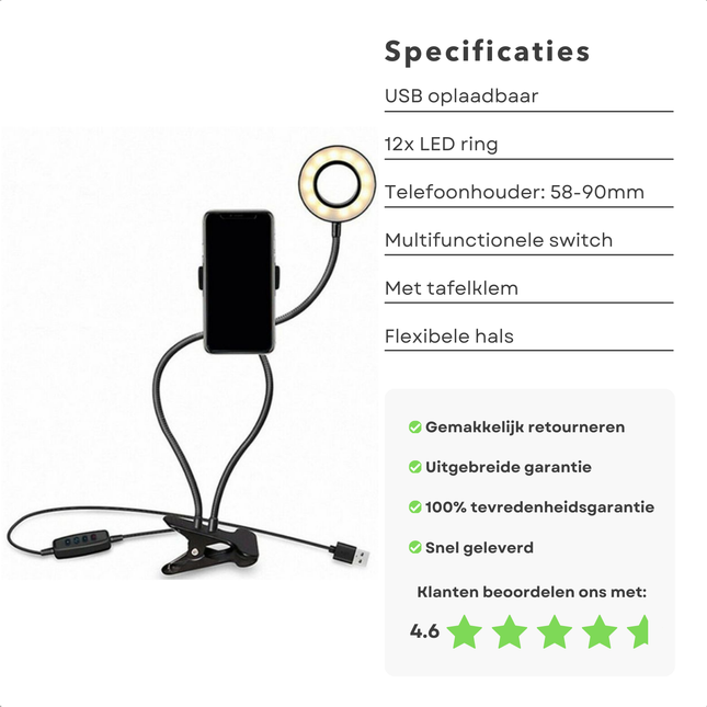Cheqo® Selfie Ringlamp - Selfie Ringlight - Ring Light Met Klem - Flexibele Telefoonhouder - LED Ringlamp USB - Ideaal Voor Vloggen