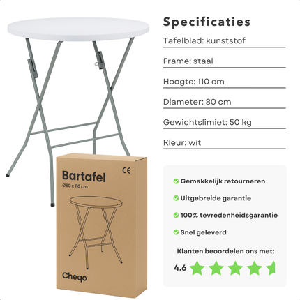 Cheqo® Opvouwbare Bartafel Ø80x110 cm – Ronde Statafel Wit – Inklapbare Partytafel – Kunststof Tafelblad – Stalen Frame – Anti-Slip Poten – Weerbestendig – Klaptafel voor Binnen & Buiten – Draagvermogen 50 kg – Tuinfeest & Evenement