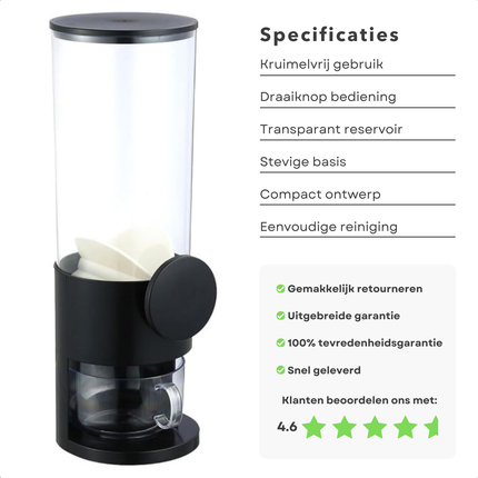Cheqo® Cornflakes Dispenser - Rijst Dispenser - Food Dispenser - Droog Voedsel Opslag - Bewaardoos - Voorraaddoos - Kunststof - Zwart