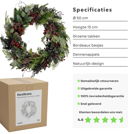 Cheqo® Kerstkrans Bordeaux - Kerstkrans Met Dennenappels - Groene Takken En Bladeren - Bordeauxrode Besjes - Natuurlijke Dennenappels - Ø50 CM - Kerstsfeer In Huis - Voordeur Decoratie - Kerst Krans - Deurkrans