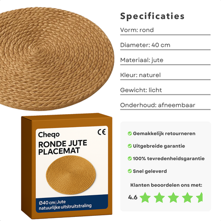 Cheqo® Jute Placemat - Ronde Placemat - 40 cm Diameter - Jute Materiaal - Natuurlijk Jute - Tafelbekleding - Eettafel Decoratie - Jute Onderlegger - Natuurlijke Uitstraling - Ronde Vorm - Rustieke Stijl - Bohemian Stijl