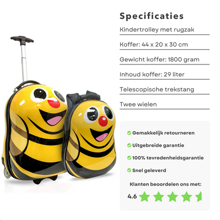 Cheqo® Kinderkoffer en Rugzak Set - Koffer voor Kinderen - Reiskoffer - Trolley met Bijpassende Reiskoffer - Handbagage Vriendelijk - Bij