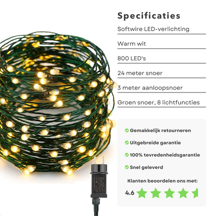 Cheqo® Kerstverlichting - Kerstboomverlichting - Kerstlampjes - 800 LED - 24M - Voor Binnen en Buiten - Timer - Warm Wit - 8 Lichtfuncties - Lang Snoer - Soft Wire Verlichting - Sfeerverlichting - Feestverlichting Kerstboomverlichting