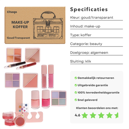 Cheqo® Kindermake-up Koffer - Goud/Transparant - Complete Set met Nagellak en Oogschaduw - Beauty Case met Vakken - Visagiekoffer - Cosmeticakoffer - Beautycase