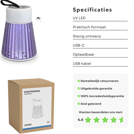 Cheqo® Muggenlamp - Insectenlamp - Vliegenlamp - Muggenvanger - Vliegenvanger - Elektrische Muggenlamp - Elektrische Insectenlamp - Uv Muggenlamp - Uv Insectenlamp - Elektrische Insectendoder - Insectenbestrijder - Oplaadbare Muggenlamp