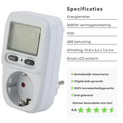 Cheqo® Energiemeter - Stroomverbruikmeter - voor Nauwkeurige Energieberekening - Voor Binnen - ABS - Geaard - 10.8 x 6.4 x 7.4 cm - LCD Display - Gebruiksvriendelijk - Verbruiksmeter - Energiekosten - Stopcontact - Kwh Meter - Elektriciteitsmeter Energiemeters