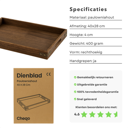 Cheqo® Houten Dienblad - Ontbijt op Bed - Paulowniahout Dienblad - Duurzaam Hout - Lichtgewicht Dienblad - Rechthoekig Dienblad - Dienblad Met Handgrepen - Serveerblad Hout - Duurzaam Materiaal - Vergelijkbaar Met Eiken