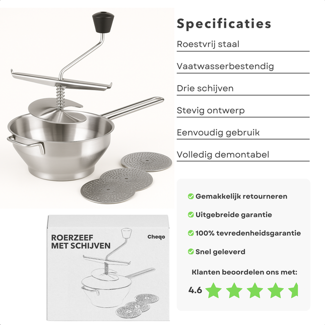 Cheqo® Roerzeef RVS - Passeerzeef - 33 cm - Passe Vite - Groentezeef - Groentemolen Met 3 Verwisselbare Schijven