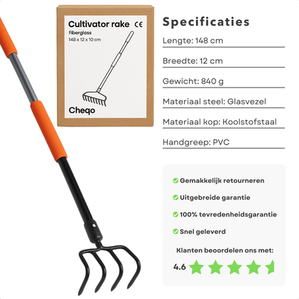Cheqo® Tuinhark - Glasvezel Steel - Koolstofstaal Kop - 4-Tands Hark - Lichtgewicht Tuinhark - Duurzame Tuinhark - Comfortabele Grip - PVC Handgreep - Tuinieren Gereedschap - Bladeren Opruimen - Tuinafval Verwijderen - Grond Voorbereiden