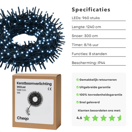 Cheqo® Kerstverlichting - Kerstlampjes - Kerstboomverlichting Wit - 960 LED Lampjes - Koel Wit Licht - Kerstverlichting Binnen en Buiten - IP44 Adapter - Met Controller - Automatische Timer - Geheugenfunctie - Zwart Snoer - 8 Lichtstanden