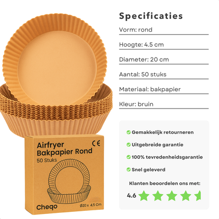 Cheqo® Airfryer Bakpapier - Wegwerpbakjes - 50 Stuks - Rond Bakpapier - Ø20 cm - Airfryer Accessoires - Heteluchtfriteuse - Geschikt Voor Airfryer - Wegwerp Bakpapier - Luchtfriteuse Bakpapier - Airfryer Wegwerp