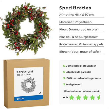 Cheqo® Kerstkrans - Groene Dennentakken - Rode Bessen - Bruine Dennenappels - Traditionele Kerstdecoratie - Gezellige Sfeer - Polyetheen Materiaal - Ø50 cm - Ophangbaar - Krans Met Gat - Deurkrans - Kerst Krans