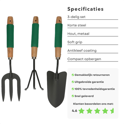 Cheqo® 3-Delige Tuingereedschap Set - Tuinhark - Spitvork - Schepje - Tuinieren Set - Tuinier Set met Korte Steel - Tuinierset - Antikleef Coating - Houten Handvat