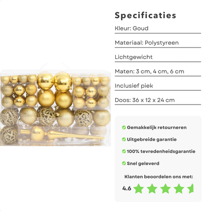 Cheqo® 111-delige Gouden Kerstballen Set - Kerstballenset - Onbreekbaar Polystyreen - Lichtgewicht Decoratie