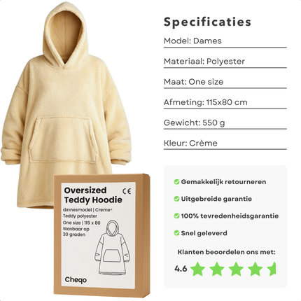 Cheqo® Damesmodel Hoodie - Creme Kleur - One Size - Wasbaar Op 30 Graden - Teddy Polyester - Fluffy Trui - Comfortabele Hoodie - Zachte Stof