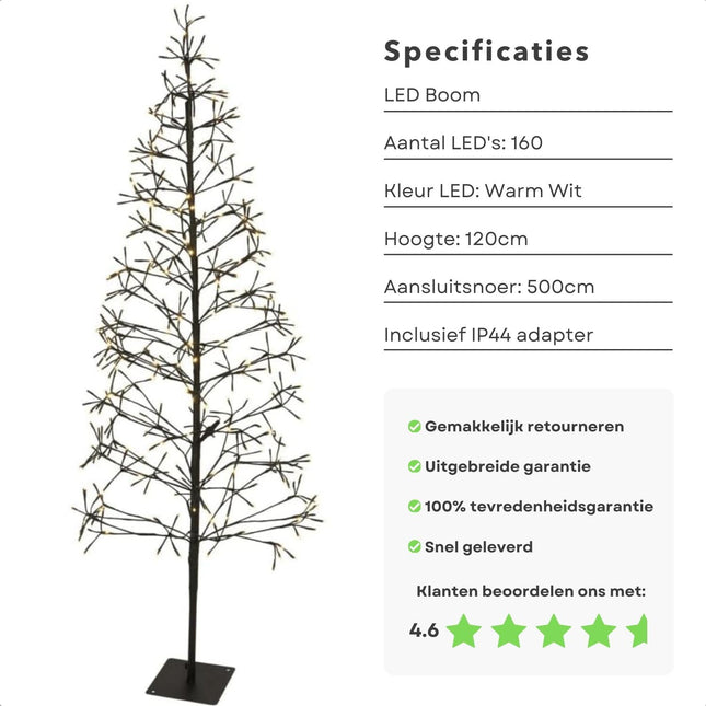 Cheqo® Sfeervolle Lichtboom - Kerstboom -  120 Cm - 160 Warm Witte LED's - Sfeerverlichting - Kerstverlichting - Kerstlampjes - Takken met Verlichting - Voor Binnen en Buiten - Met Metalen Standaard - 500 cm Aansluitsnoer - Kerstversiering Lichttakken