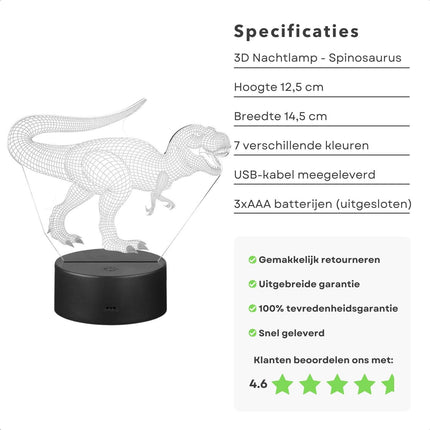 Cheqo® 3D Lamp - Dinosaurus - Spinosaurus - 7 Kleuren - LED Lamp - USB of Batterijen - 17cm - LED Illusie - Bureaulamp - Nachtlampje - Sfeerlamp - Dimbaar - Cadeau voor Kinderen - Lange Levensduur Kindertafellampen