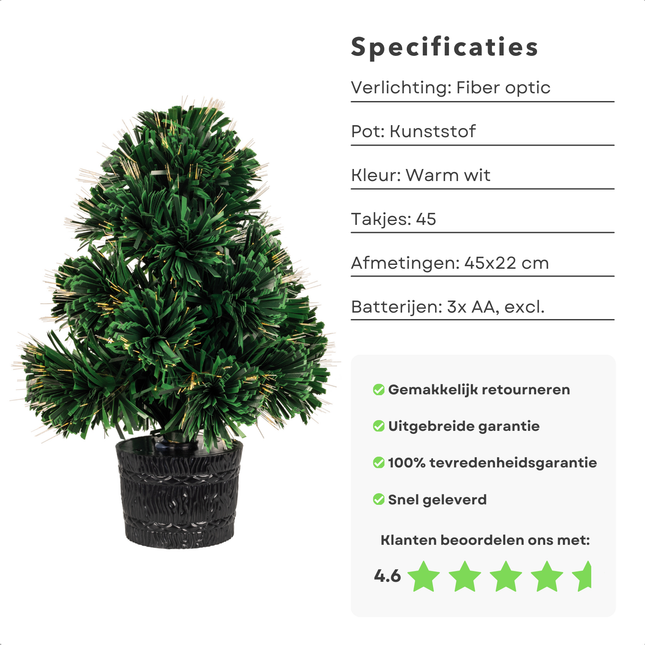 Mini Kunstkerstboom met Fiber Optic Verlichting en specificaties, inclusief 45 takjes, 45 cm hoog, warme witte gloed, ideaal voor binnen.