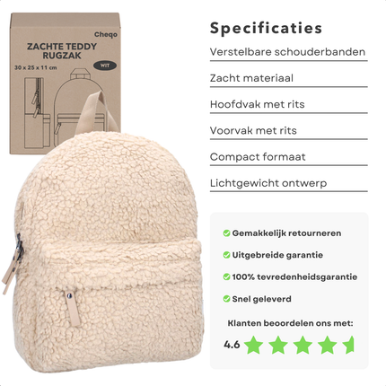 Cheqo® Luxe Kinderrugzak - Rugzak voor Kinderen - Rugtas - Schooltas - Zachte Teddystof - Verstelbare Schouderbanden - Wit