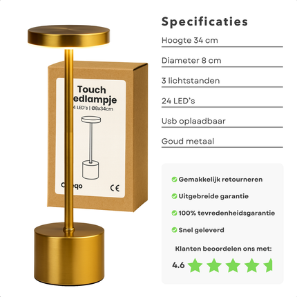 Cheqo® Gouden Tafellamp Oplaadbaar - Draadloos En Dimbaar - Touch Lamp - Nachtlamp Slaapkamer - Usb Oplaadbaar - Dimbare Tafellamp - Moderne Touch Lamp - LED Tafellamp - Tafellamp Zonder Snoer - Goud Tafellamp