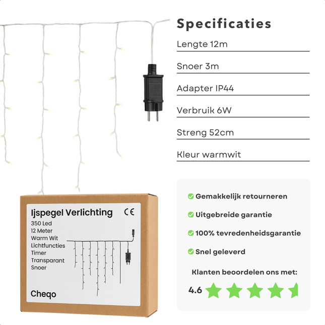 Cheqo® Ijspegel Verlichting - Kerstverlichting Buiten en Binnen - Ijspegelverlichting Warm Wit - 360 LED - 12 Meter - Lichtfuncties - Automatische Timer - Transparant Snoer - Lichtgordijn - IP44 Adapter - Geschikt voor Binnen en Buiten
