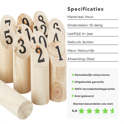 Cheqo® Houten Kubb Werpspel 13-Delig - Educatief Buitenspeelgoed - Houten Paaltjes voor Kinderen